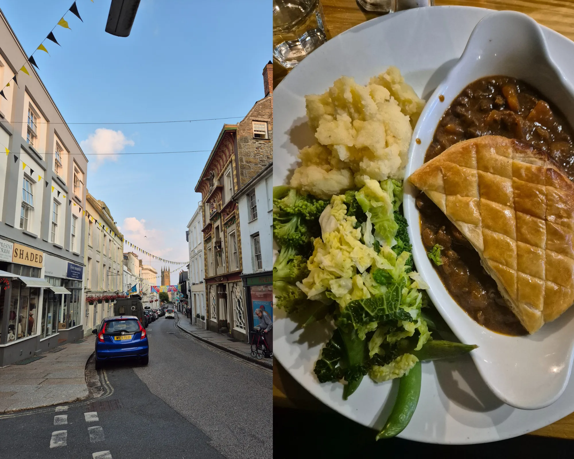 Penzance street and steak and Ale pie with mash and greens.