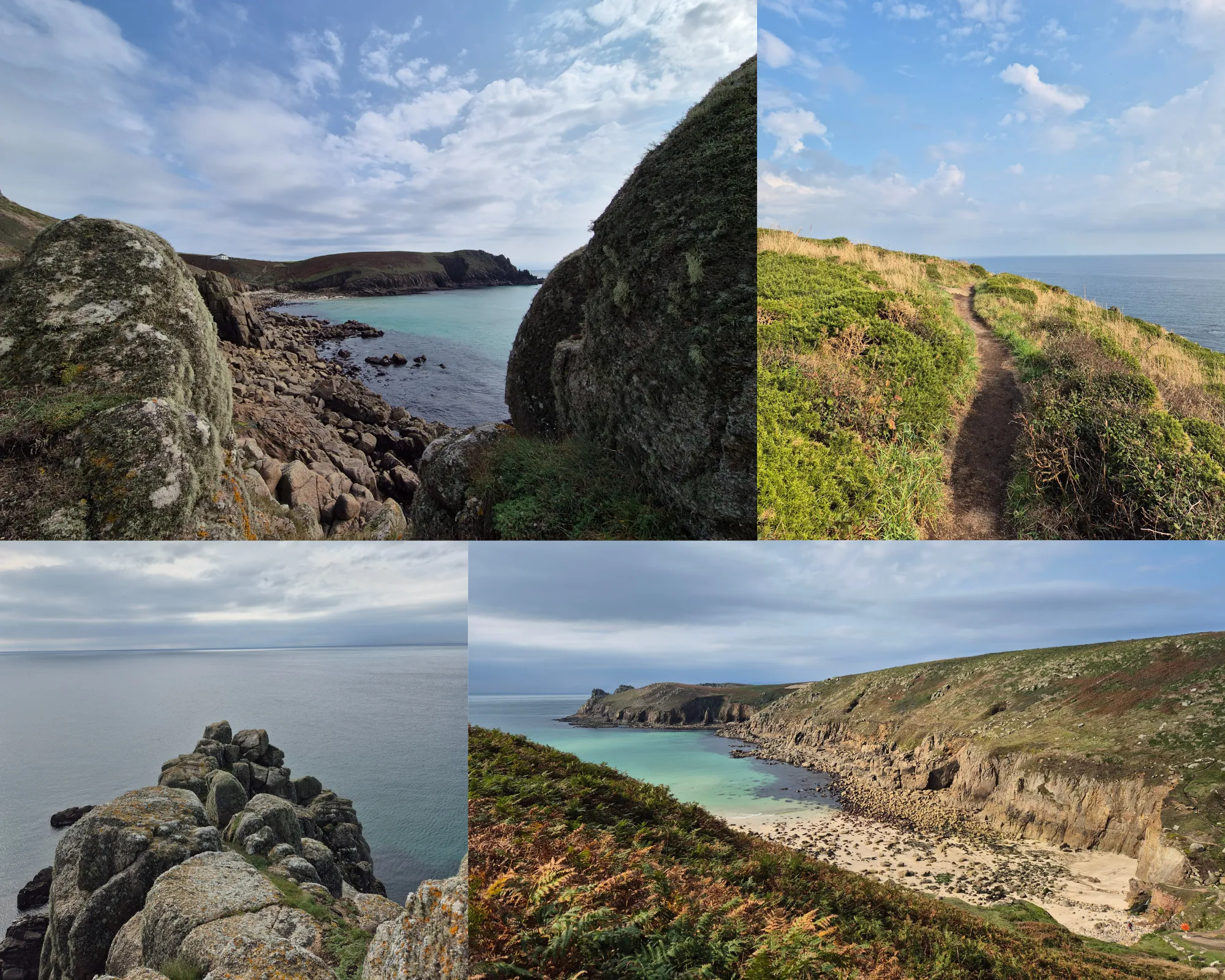 4 picture collage: Southwest Coast Path trail surrounded by tall grass and shrubs, coastline between Land’s End and Nanjizal Bay, rocks with the sea as backdrop, Nanjizal Bay