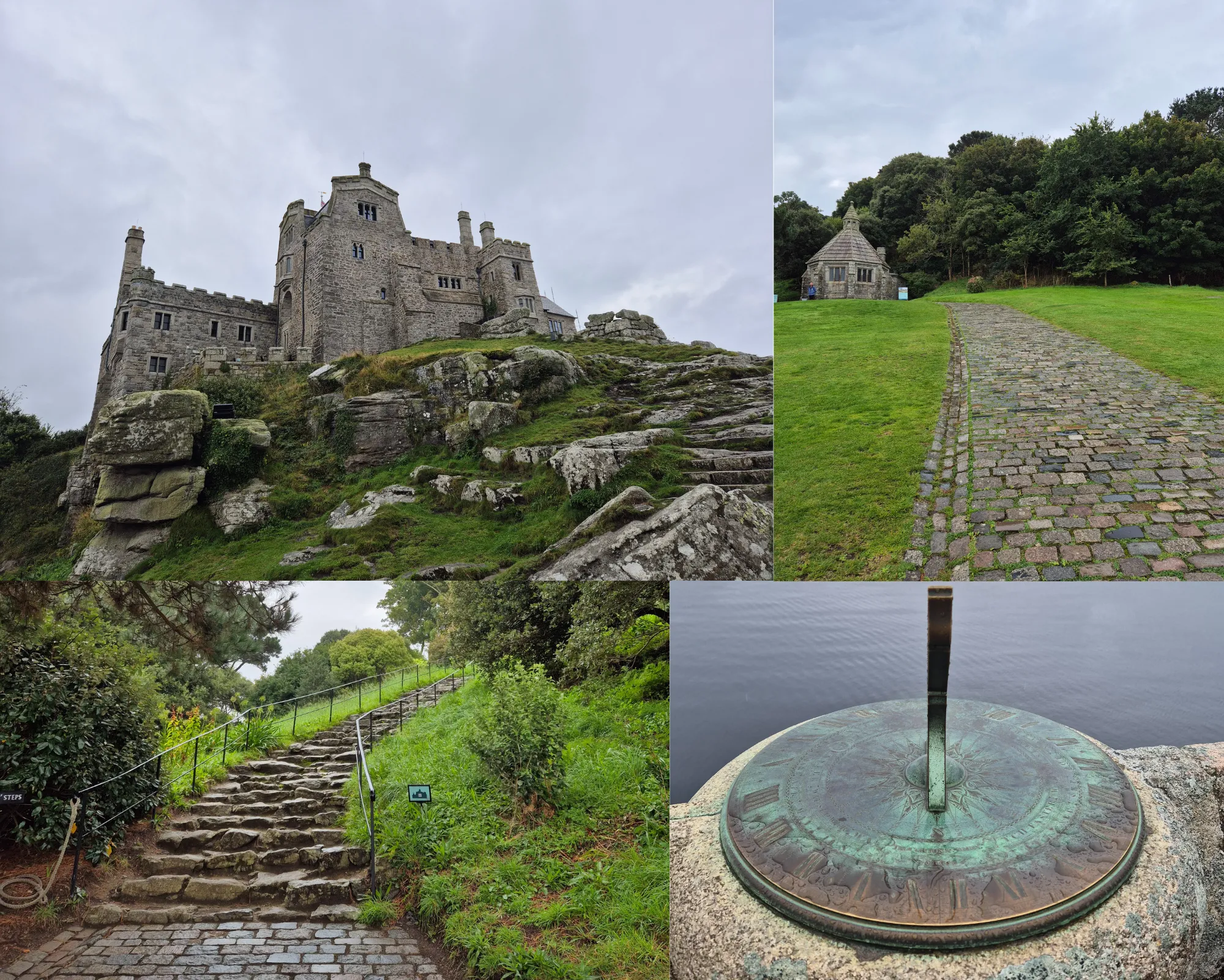 4 picture collage: St Michael’s Mount castle, sundial, rock staircase, stone path leading to stone hut