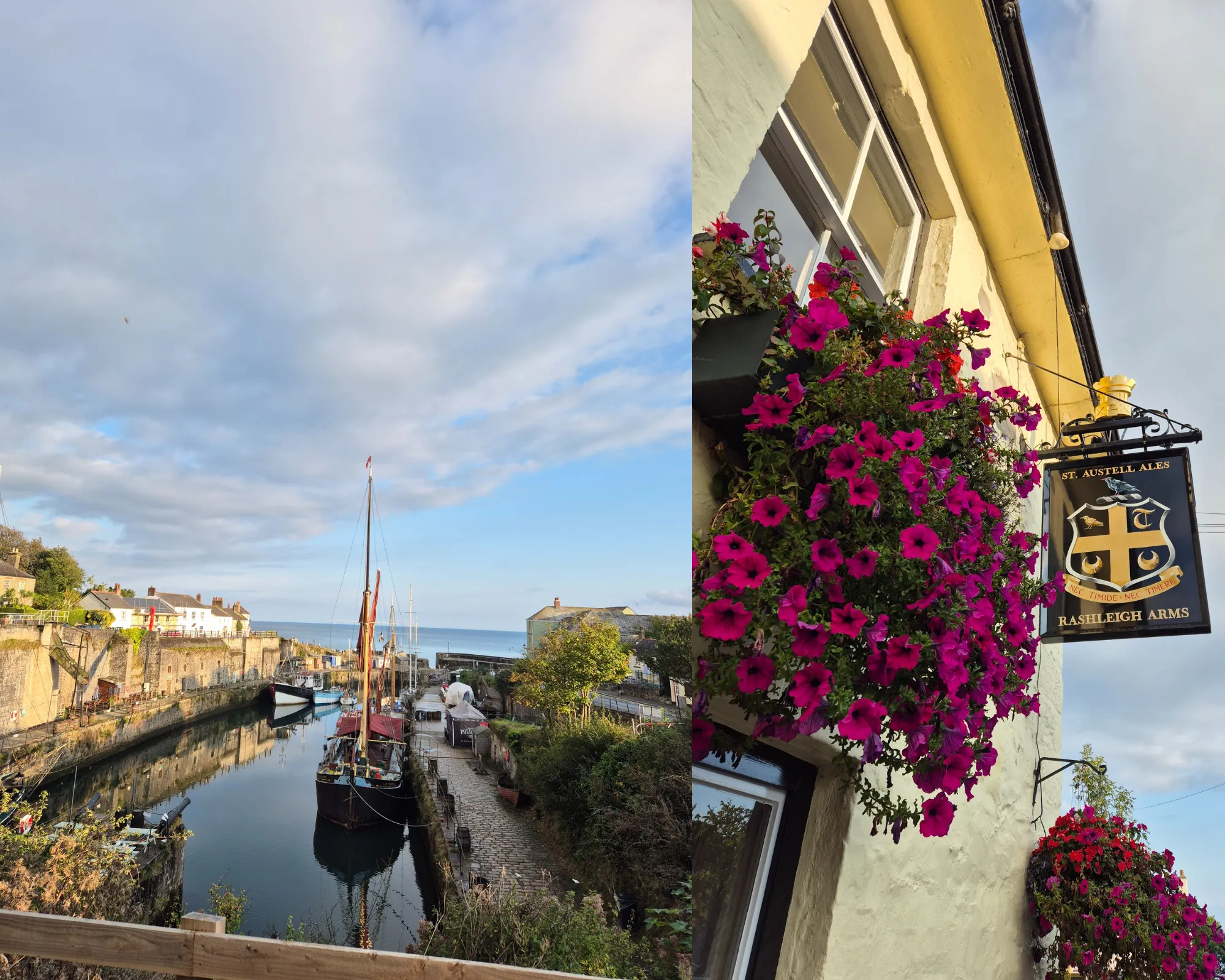 2 picture collage: Charlestown harbour, Rashleigh Arms sign surrounded by fuschia flowers.