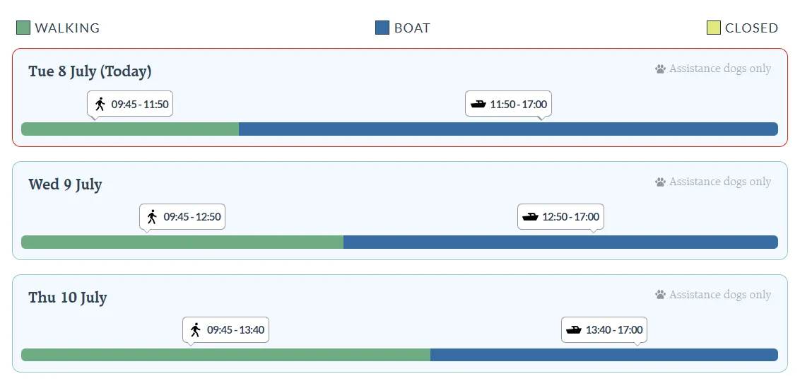 Screenshot of the timetable of boat/walkway combo from the St Michael’s Mount website, as and example