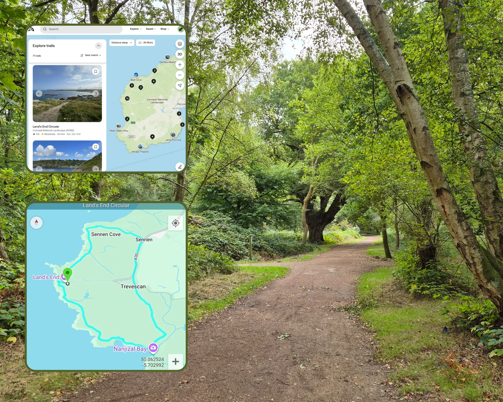 3 picture collage: a dirt trail from the South West Path in Cornwall surrounded by green shrubs, a screenshot from AllTrails showing the trails in the Cornwall area, a screenshot from the GPX Viewer app showing the trail from Sennen Cove to Lands End.