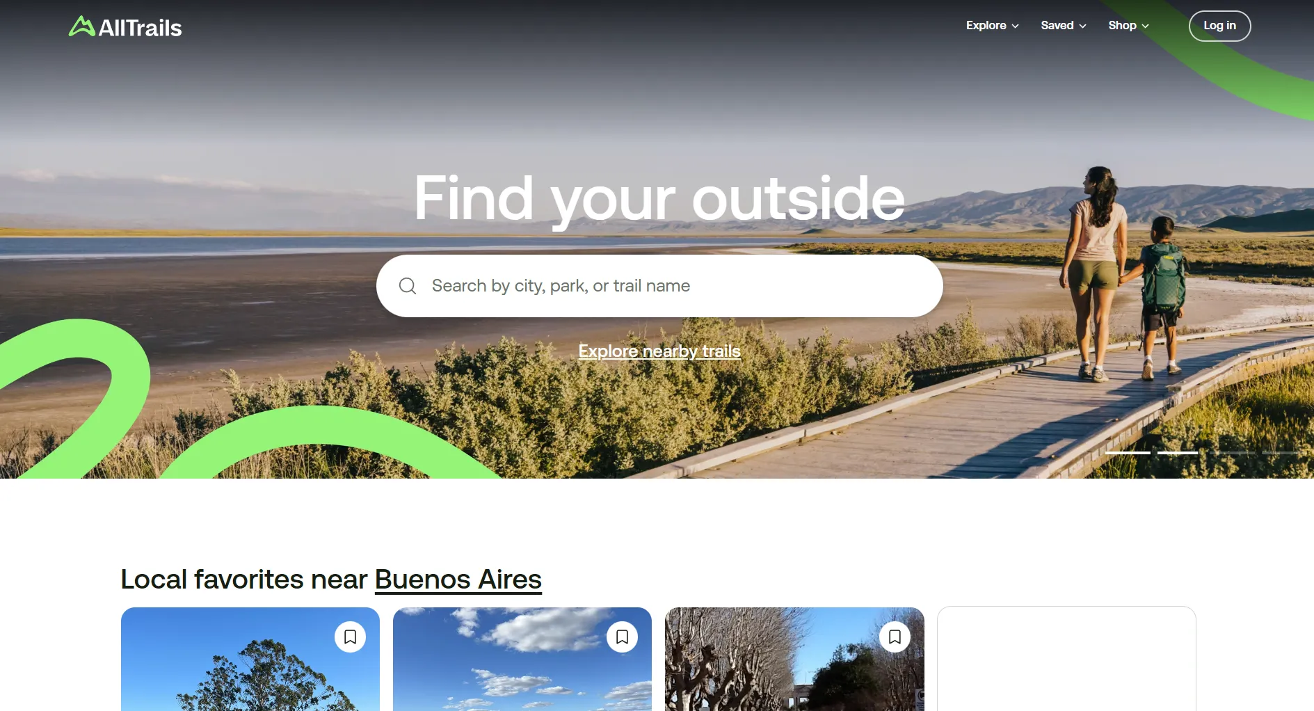 Screenshot of the Alltrails website Home screen. It contains a Navigation bar, a Search bar and suggests trails near the user location.
