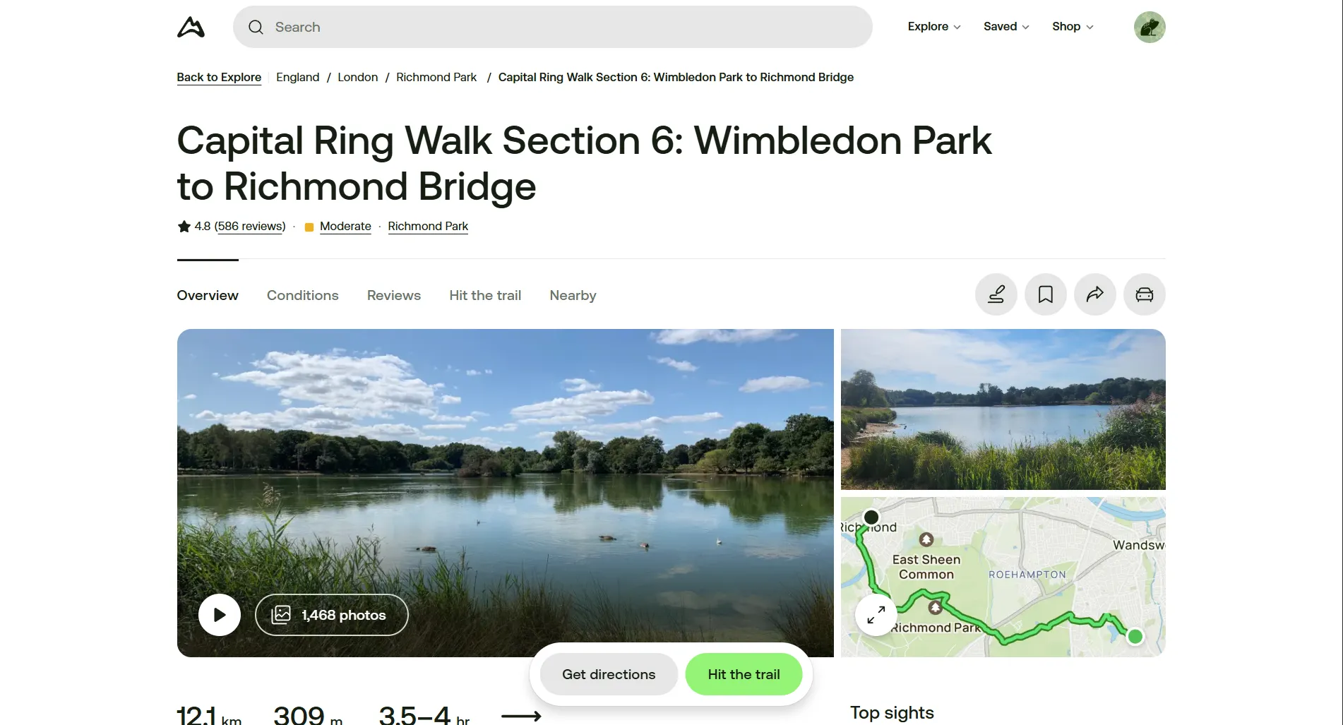Screenshot of the Alltrails website for the Capital Ring Walk Section 6: Wimbledon Park to Richmond Bridge. It contains the rating for the trail, highlighted photos and a small rectangle with the map. It also shows basic stats for the hike: length, elevation gain, estimated duration.