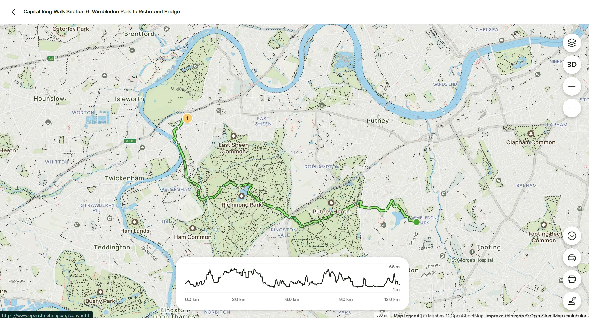 Screenshot of the Alltrails website for the Capital Ring Walk Section 6: Wimbledon Park to Richmond Bridge. It contains the map with the trail highlighted in bright green as well as some points of interest in the area. It also show the elevation profile of the trail.