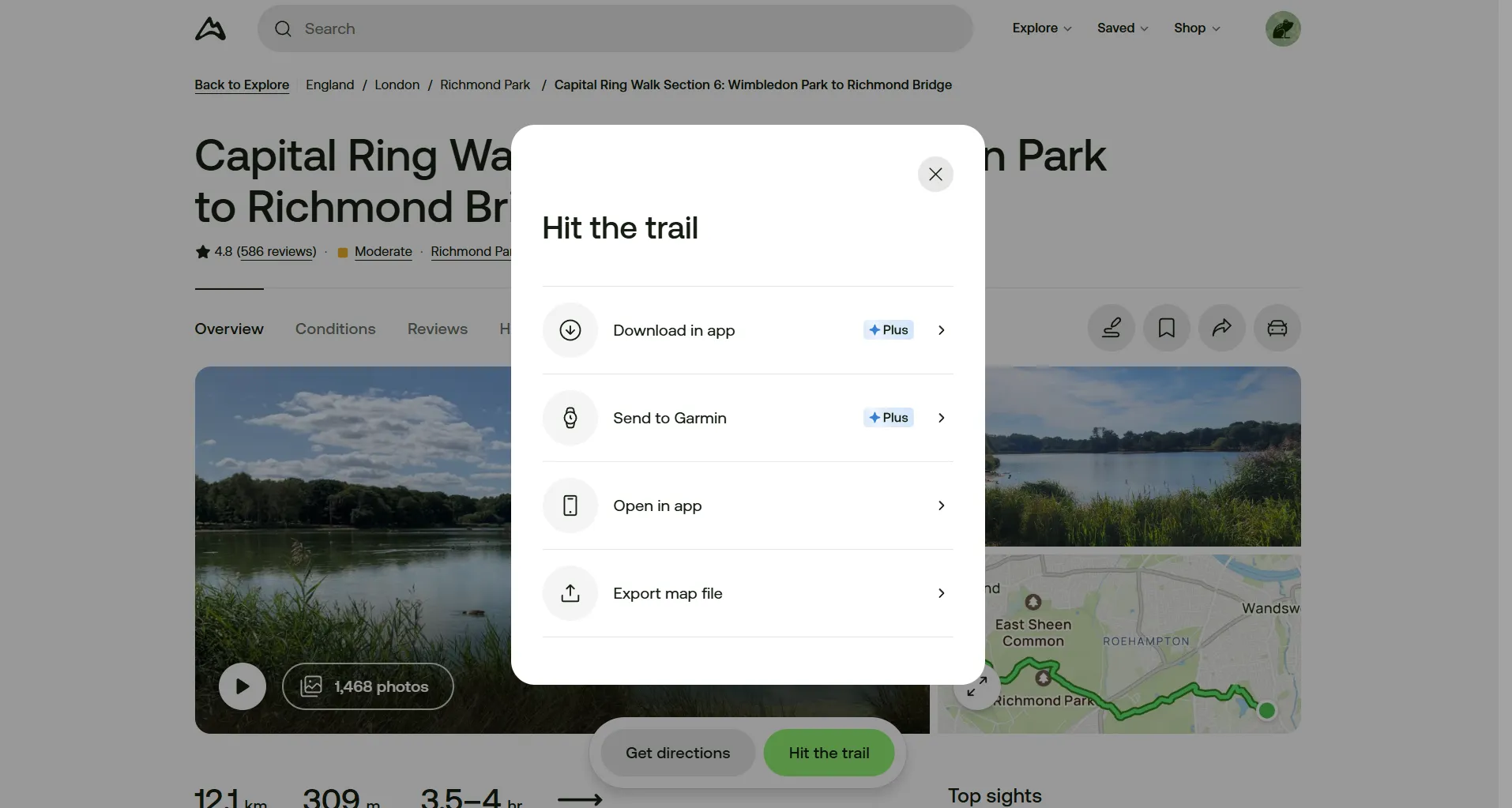 Screenshot of the Alltrails website with a pop up modal screen with the Hit the trail options: Download the app, Send to Garmin, Open in app, Export map file.