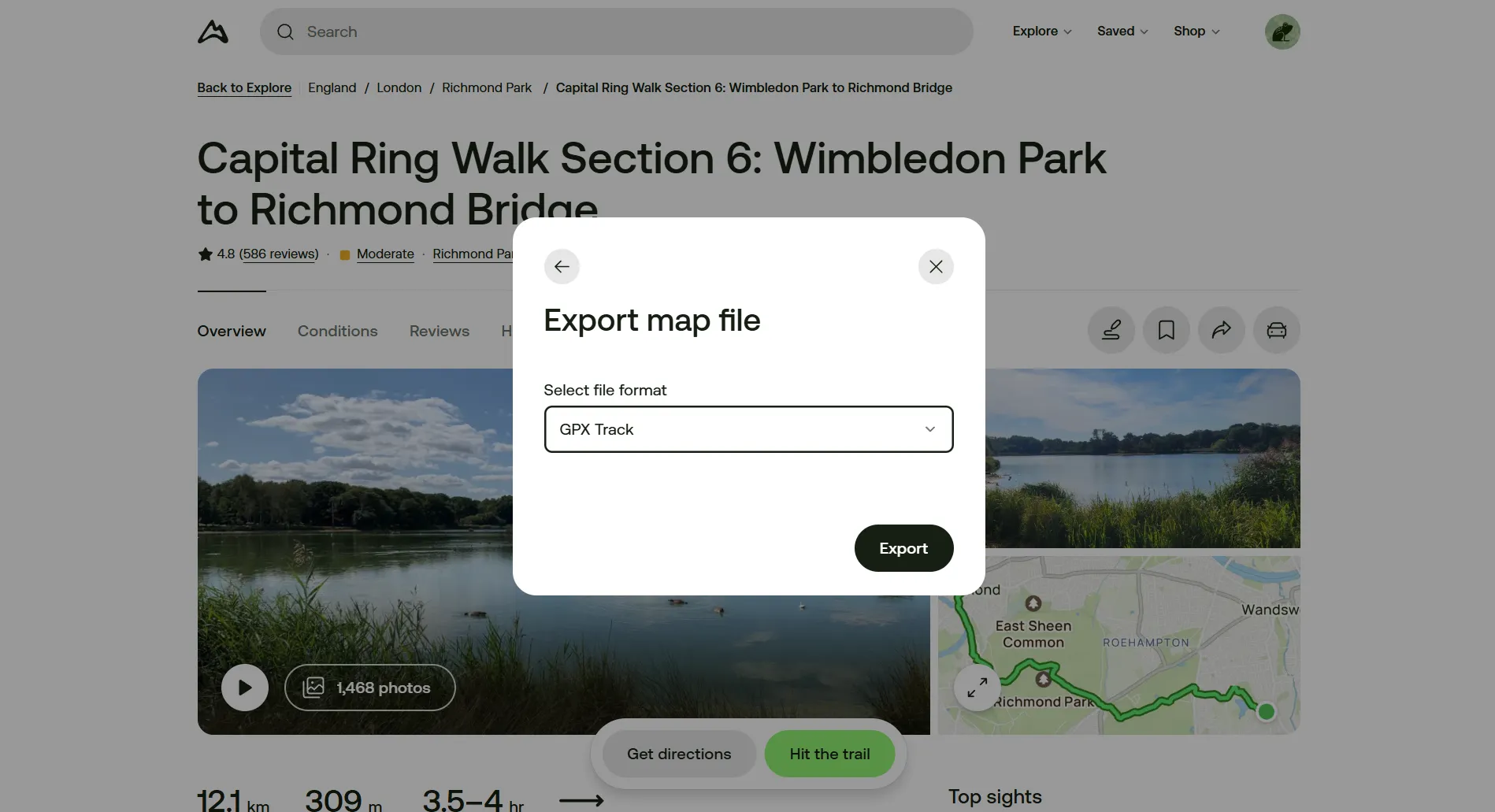 Screenshot of the Alltrails website with a pop up modal with the Export map file menu. That title is followed by a dropdown menu with several options, of which the GPX Track one is selected.