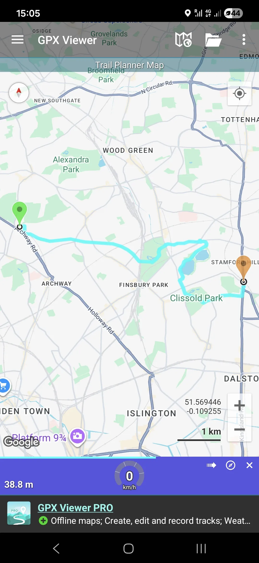 Screenshot of the GPX Viewer app from a phone screen showing a trail in London highlighted in light blue, with colored pins for start and end point.