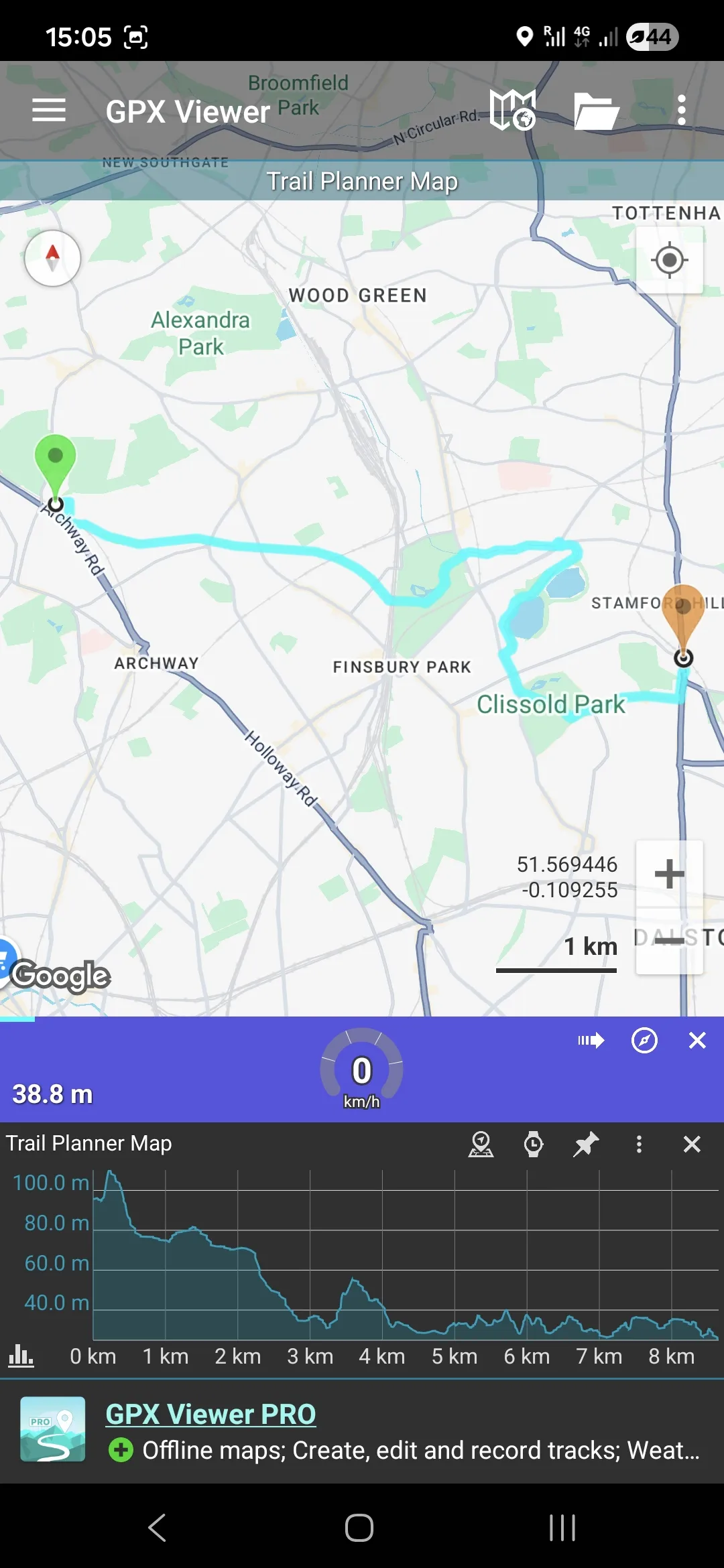 Screenshot of the GPX Viewer app from a phone screen showing a trail in London highlighted in light blue, with colored pins for start and end point. It also shows the elevation profile of the tril on the bottom of the screen with a distance y-axis for reference.