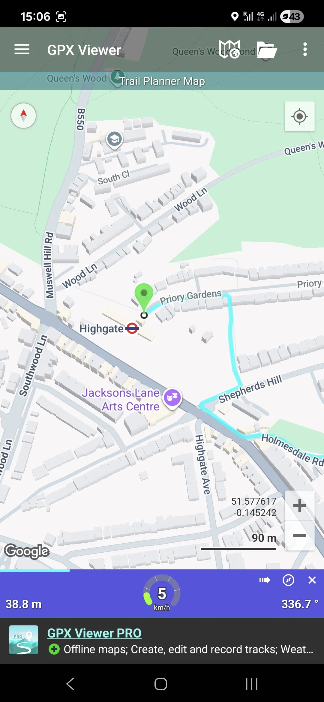 Screenshot of the GPX Viewer app from a phone screen showing a zoomed in view of a trail in London highlighted in light blue, with the colored pin marking the start and the surrounding points of interest, like a Tube station.