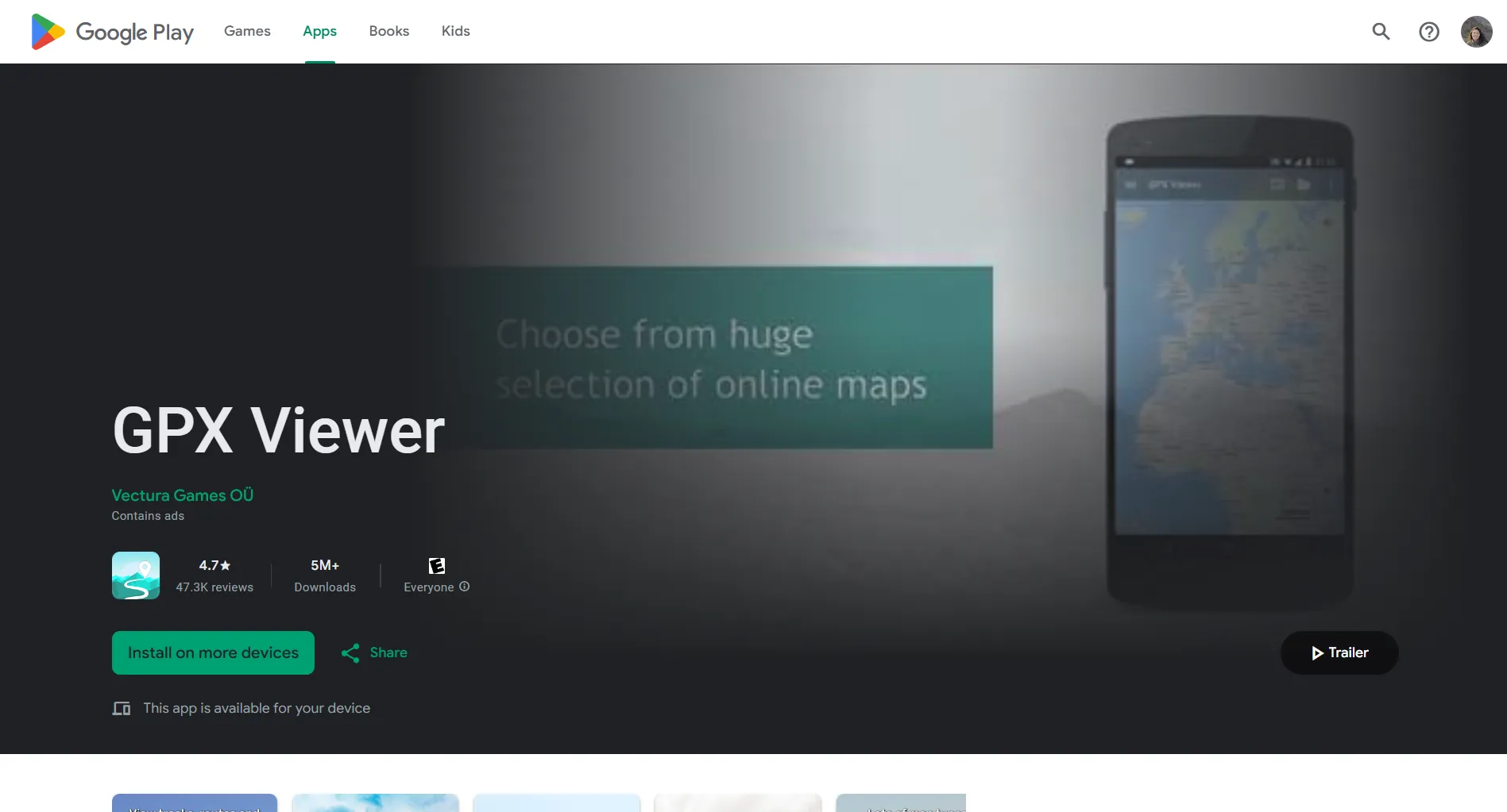 Screenshot of the Google Play Store website for the GPX Viewer app.