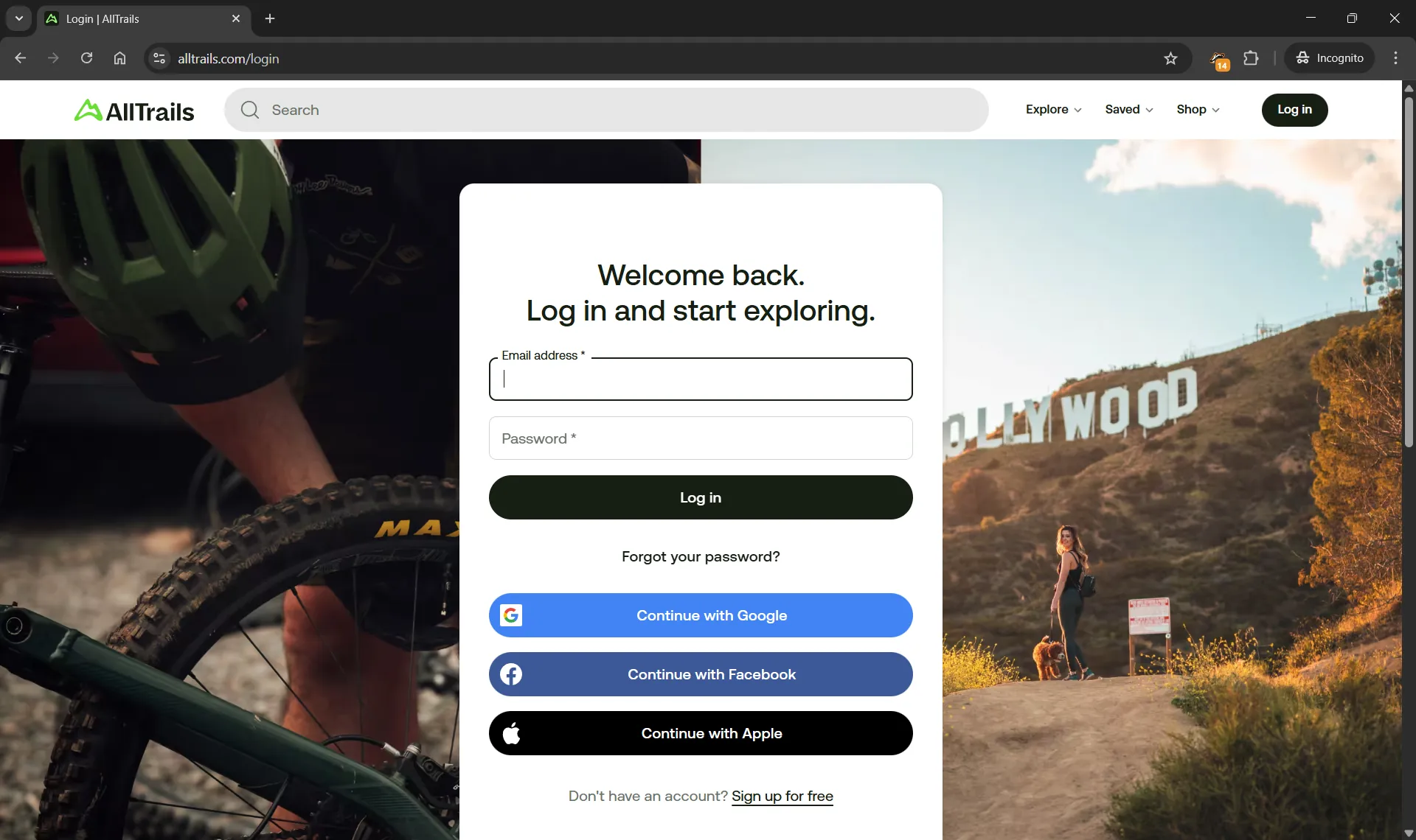 Screenshot of the Alltrails website Log in menu. It contains a Navigation bar, a Search bar, User and password fields as well as other methods to log in (Google, Facebook and Apple).
