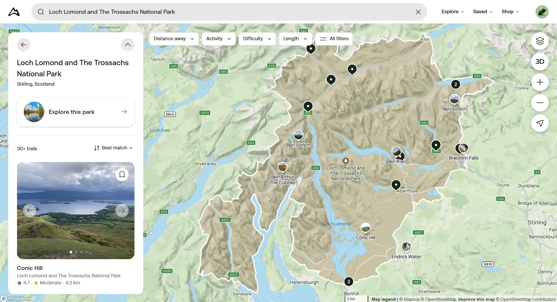 Screenshot of the Alltrails website when Loch Lomond was used in the Search Bar. It contains a Map of the area with Black pins representing the different trails available. To the left, a list of the trails shown in the map.
