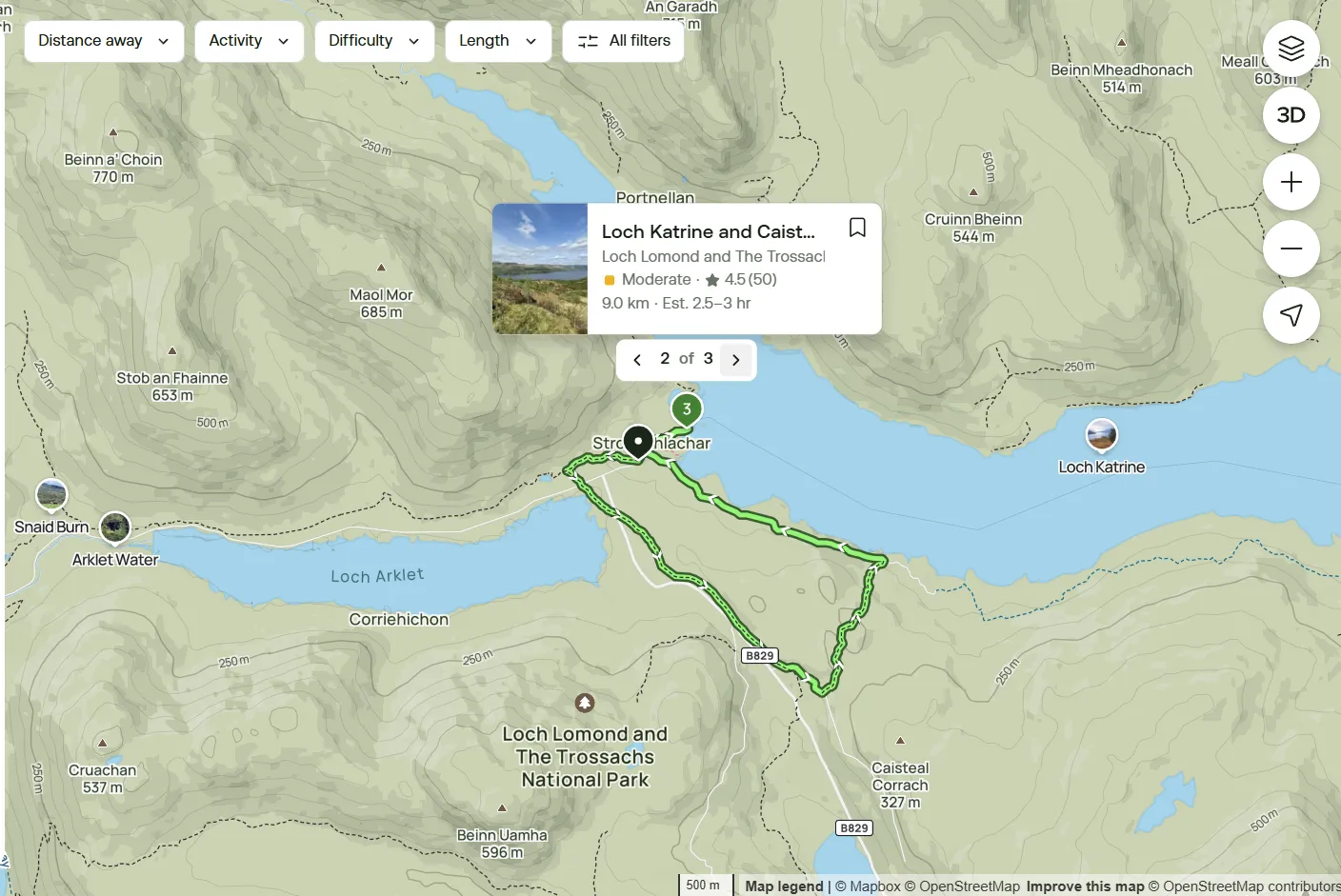 Screenshot of the Alltrails website zoomed in the map showing what happens when clicking on a black pin with a number. It shows that the highlighted trail in bright green superimposed with the map.