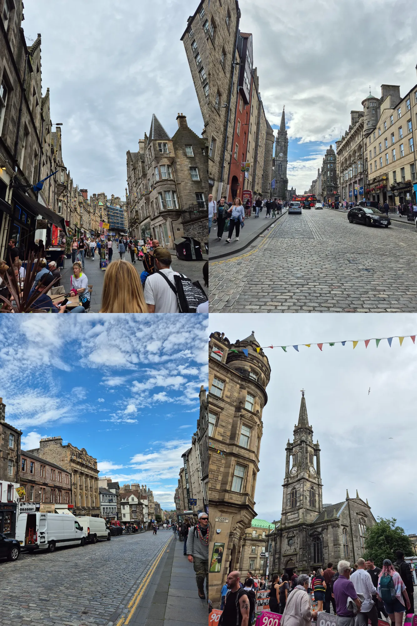 4 picture collage: 3 streets in Edinburgh, Tron Kirk market in Edinburgh.