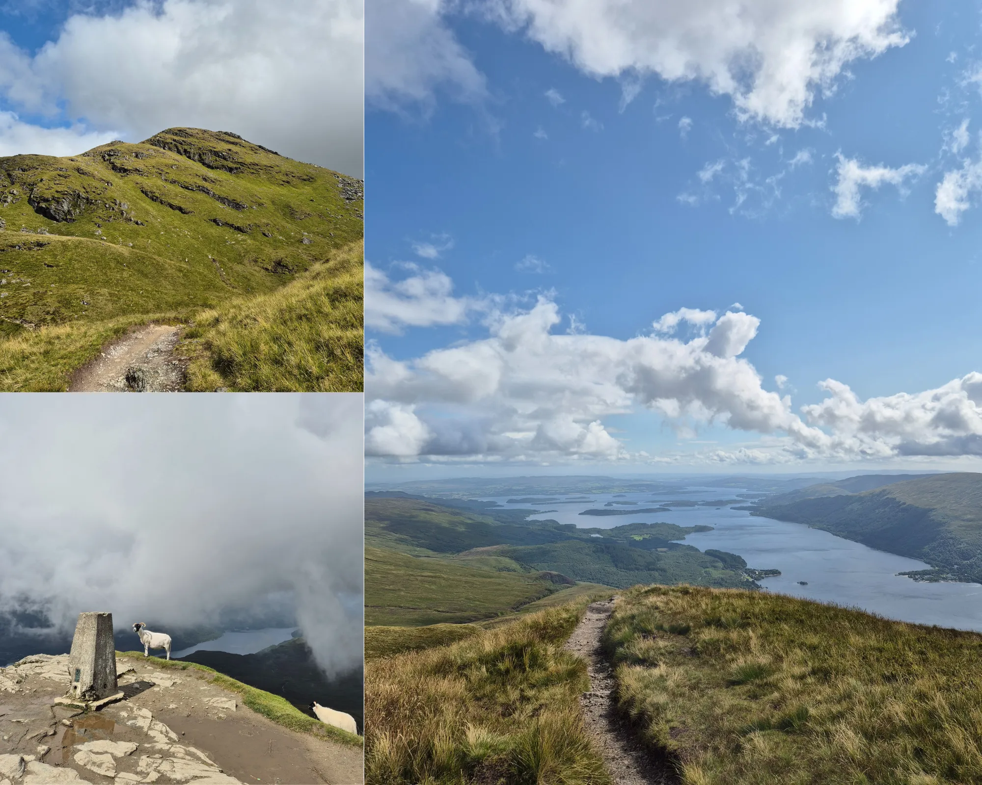3 picture collage: Lakes and mountains view of Loch Lomond & The Trossachs National Park from Ben Lomond trail, Ben Lomond trail, summit of Ben Lomond with two goats and a cement pilar known as trig point
