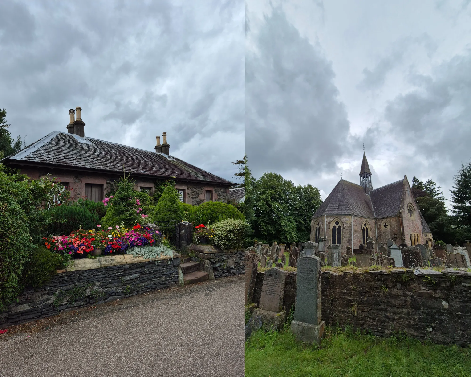 2 picture collage: stone cottage in Luss, Luss Parish Church and surrounding graveyard.