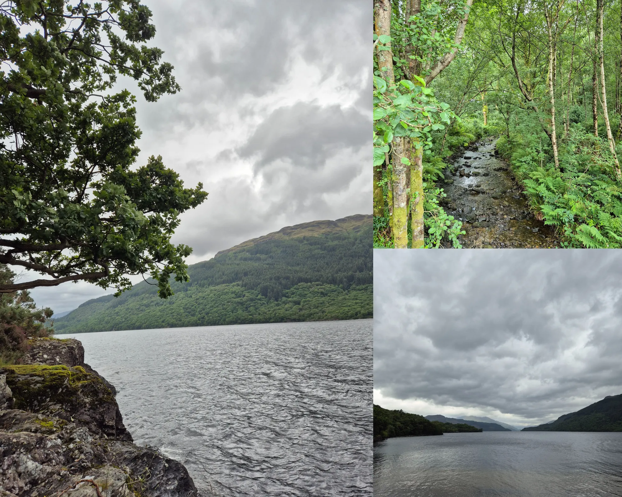 3 picture collage: view from the shore of Loch Lomond with tree to the side, view of mountains in the back of Loch Lomond, small stream surrounded by green trees and leaves.