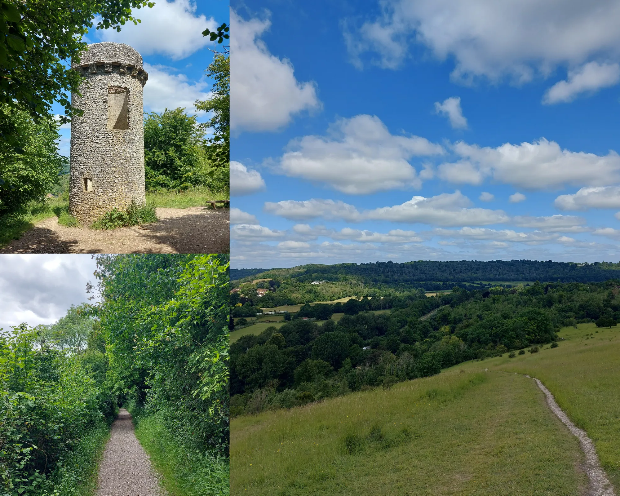 3 picture collage: dirt trail in a grassy hill, short stone tower, trail bordered by green trees and shrubs