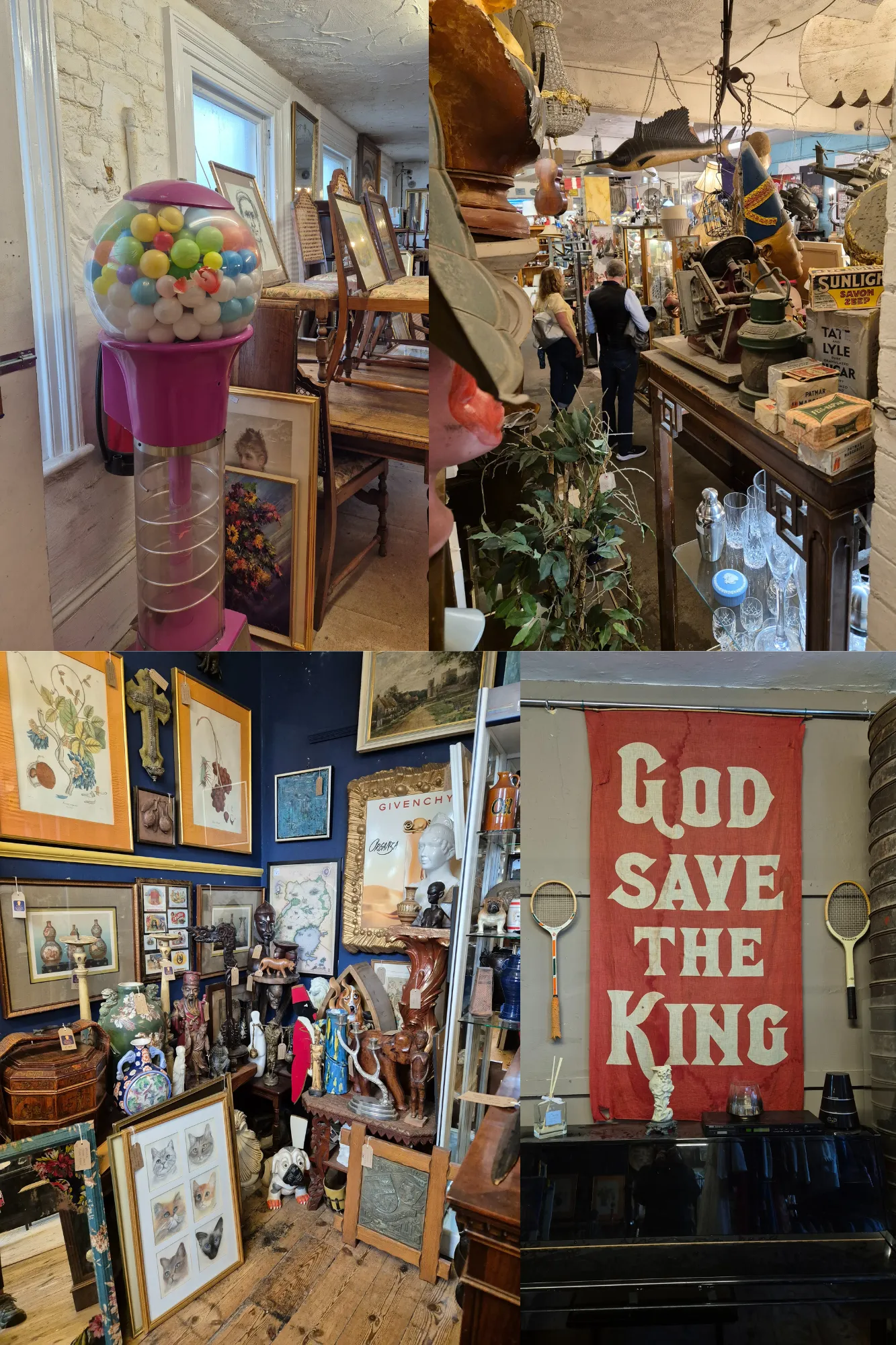 4 picture collage: the inside of antique and vintage shops in Brighton