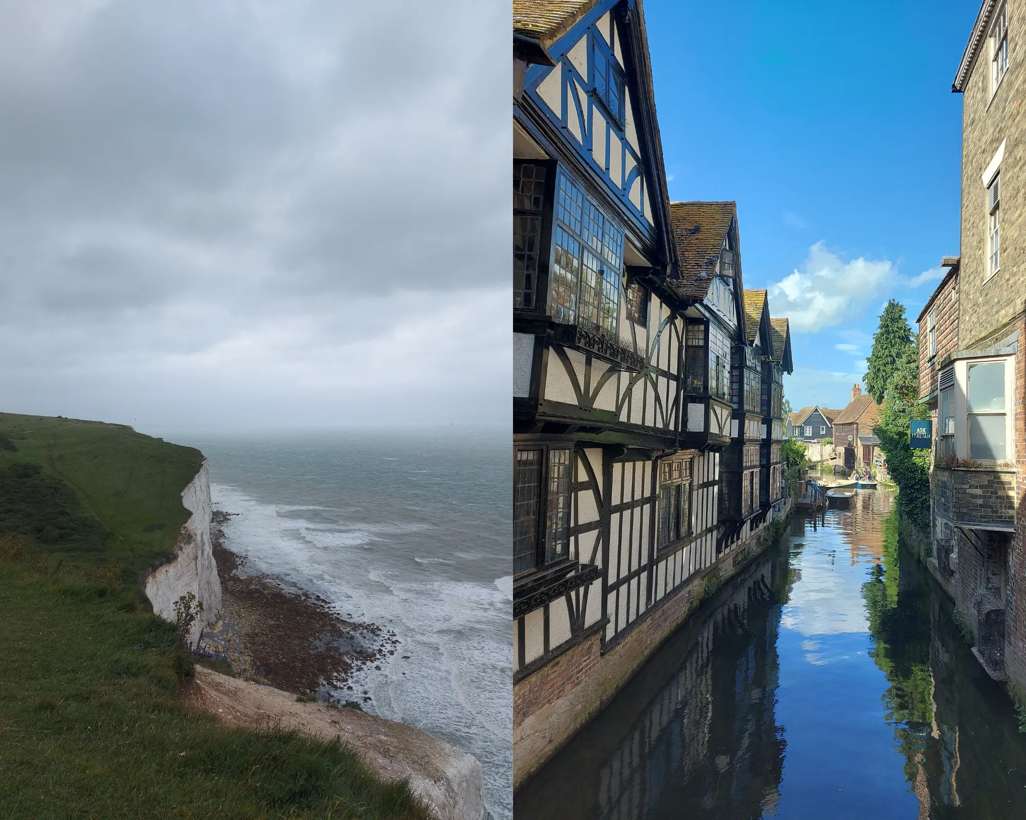 2 picture collage: White cliffs of Dover with grey sky, Canterbury canal with old buildings on the side