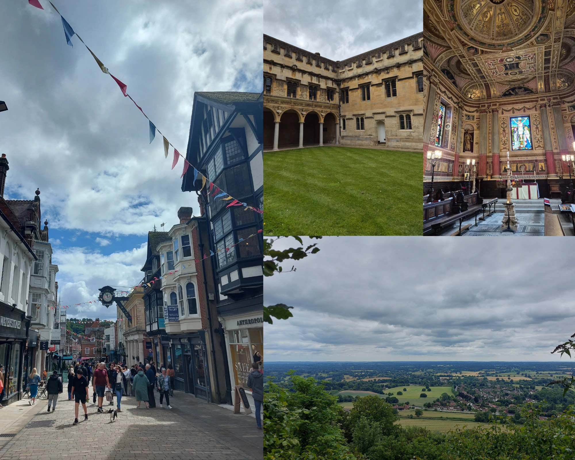 4 picture collage: Winchester main street, Surrey Hills landscape, St John's College in Oxford, painted ceiling of a Church in Oxford.