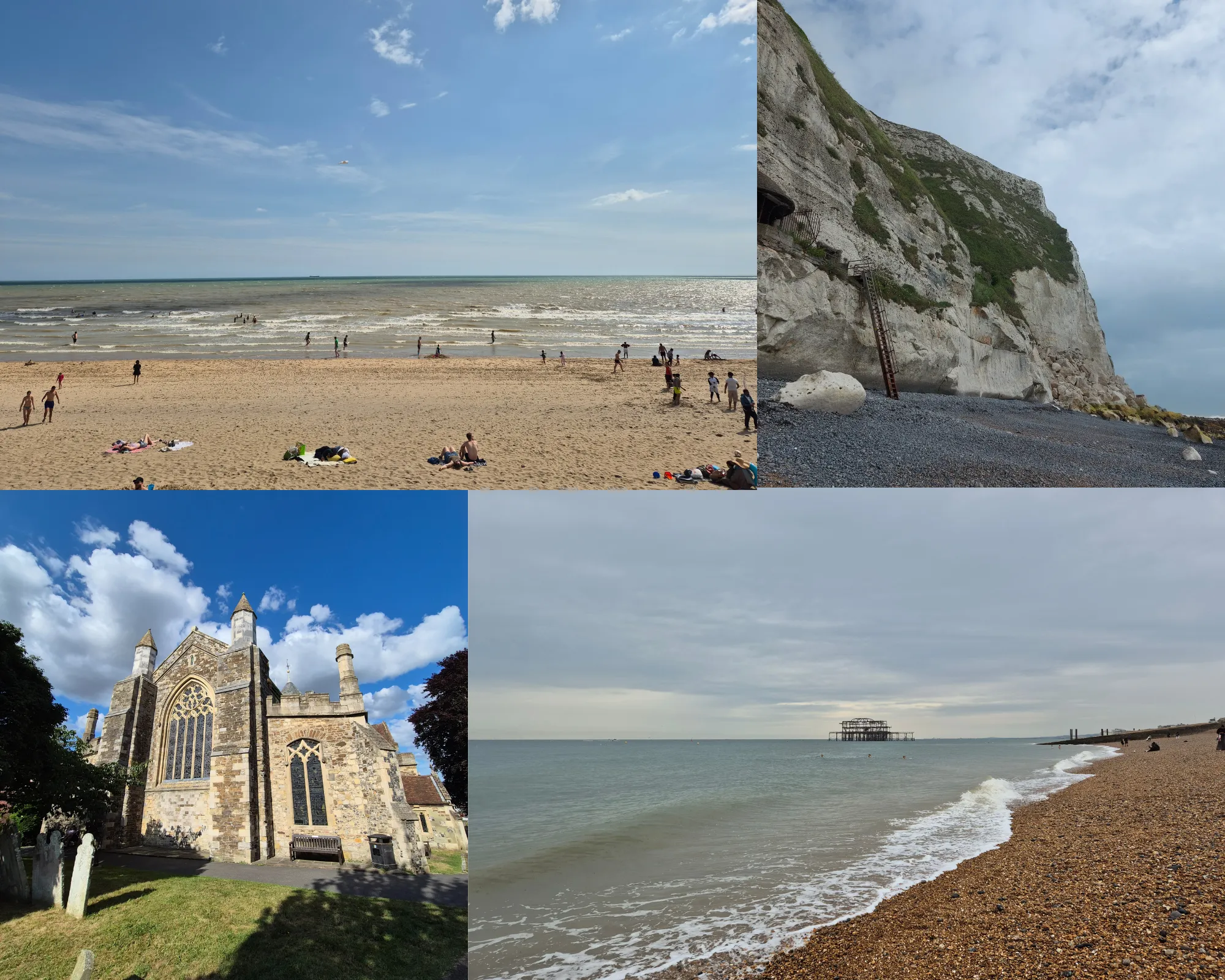 4 picture collage: Camber sands beach, Rye church, Winchester main street, Surrey Hills landscape.