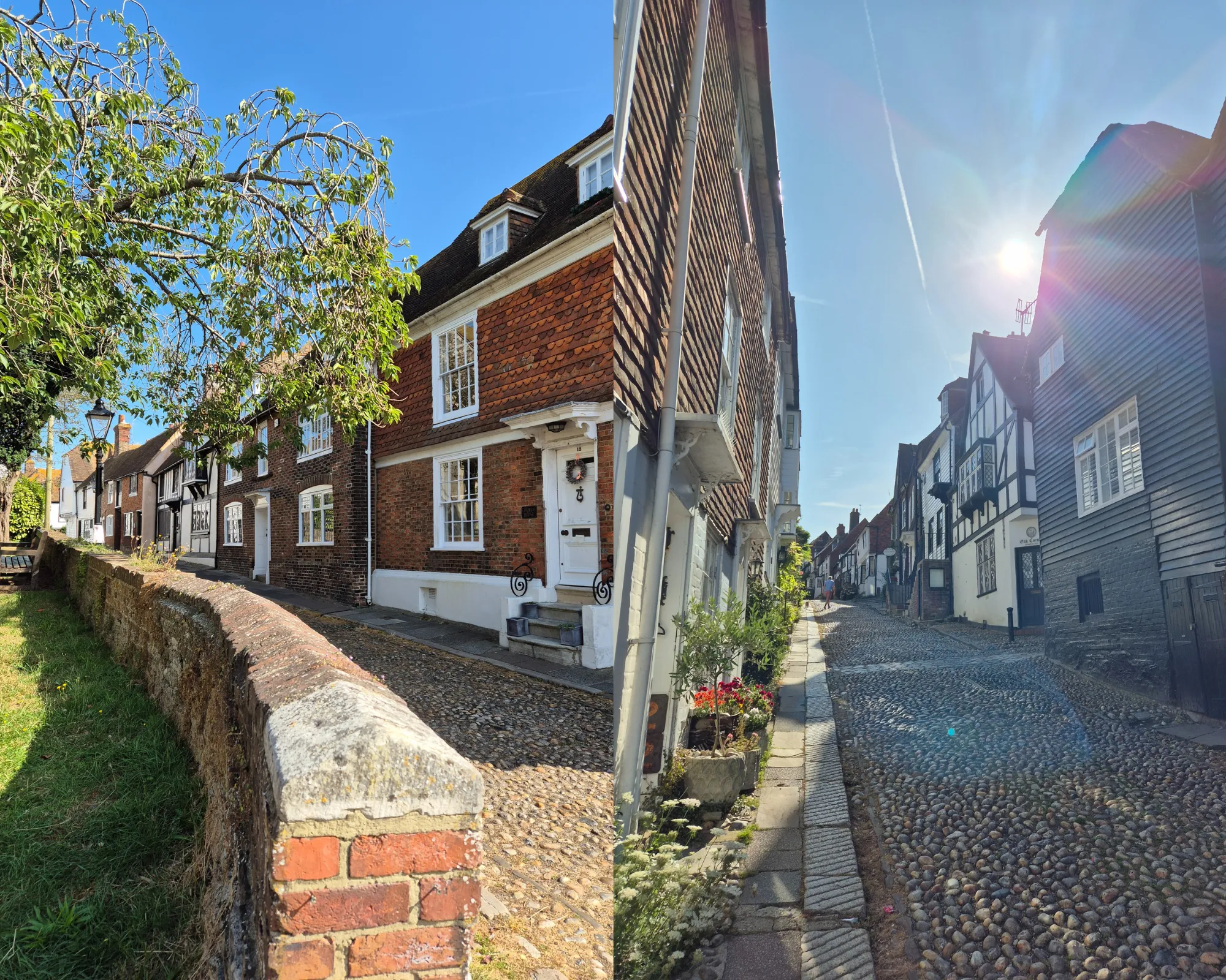 2 picture collage: short brick fence on the side of St Mary's church with white building on the background, Mermaid Lane with the sun on the sky