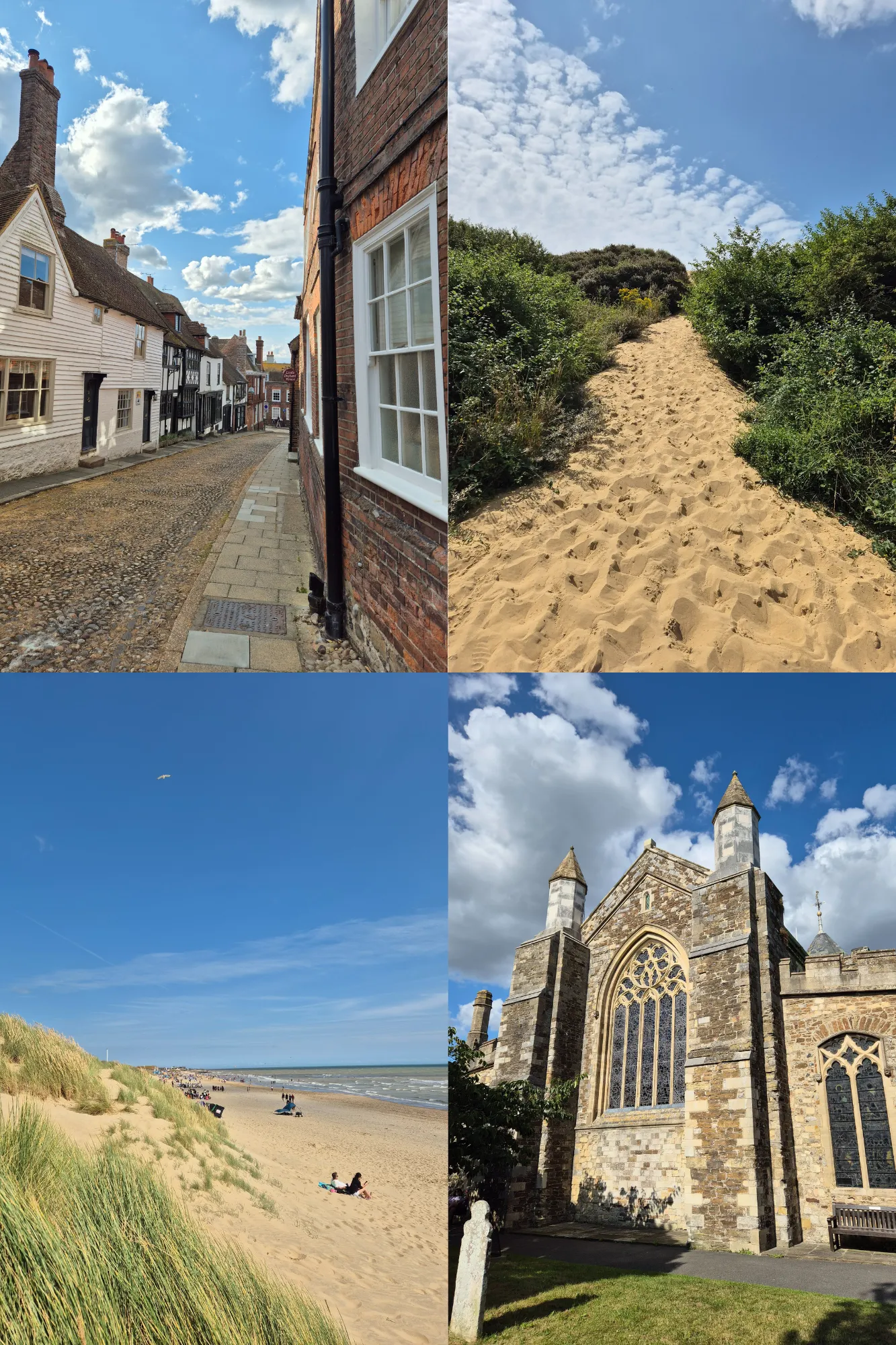 4 picture collage: Camber sands beach with dunes, path in a sandy dune surrounded by tall grass, street in Rye surrounded by short houses, St Mary's Church front