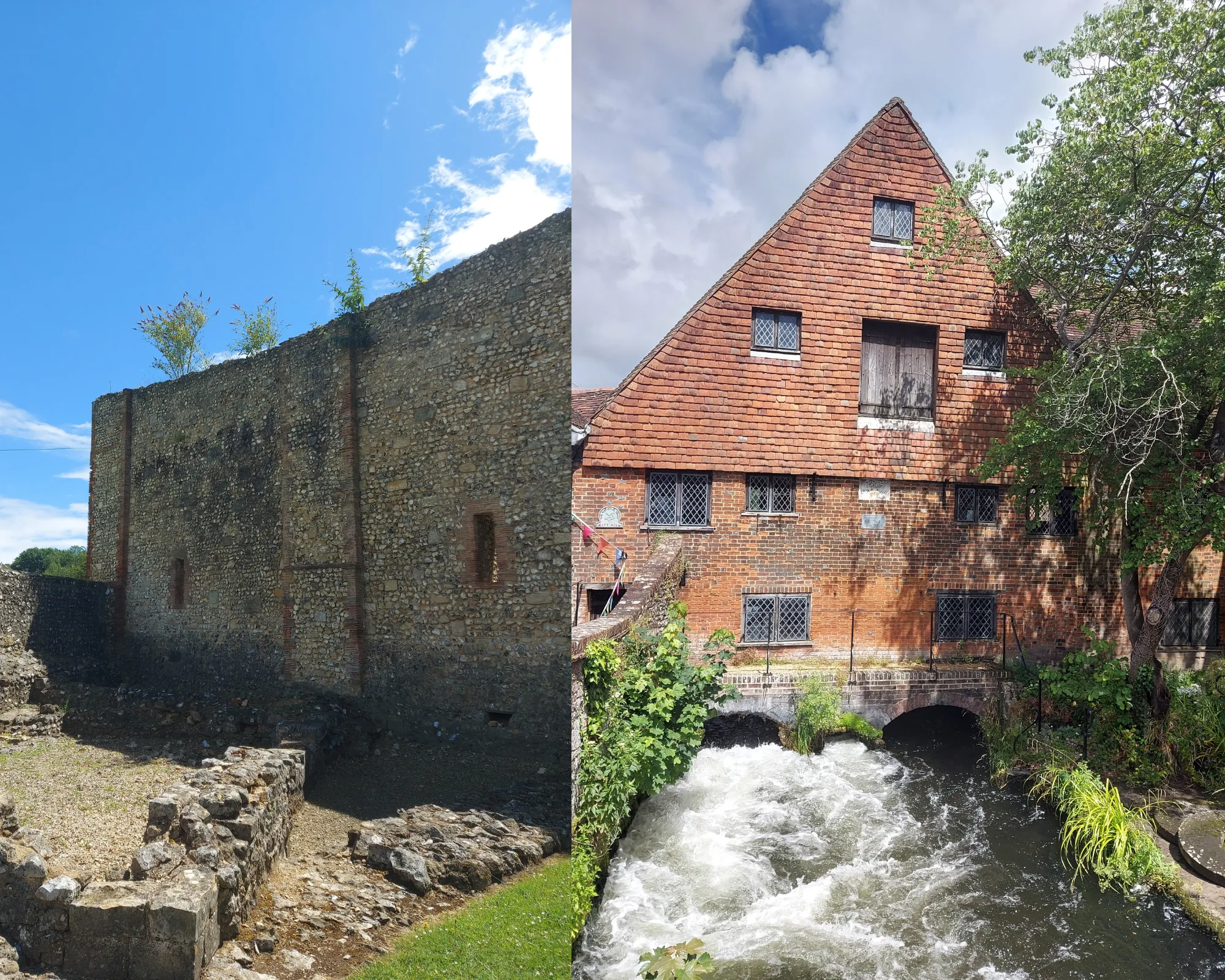 2 picture collage: Winchester Mill, Wolvesey Castle ruins