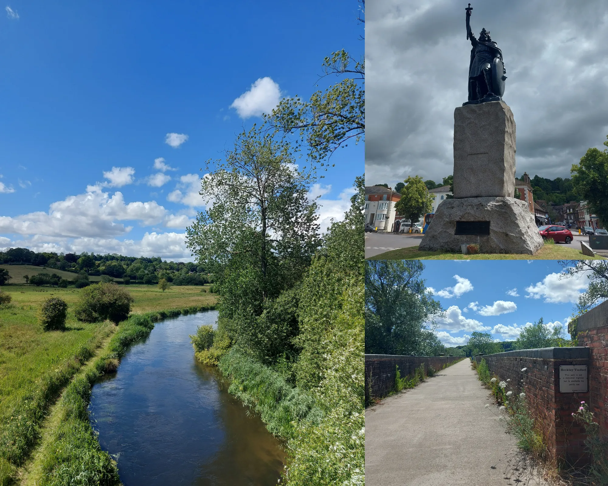 3 picture collage: Hockley Viaduct, view of the river and hills from Hockley Viaduct, King Alfred's Statue