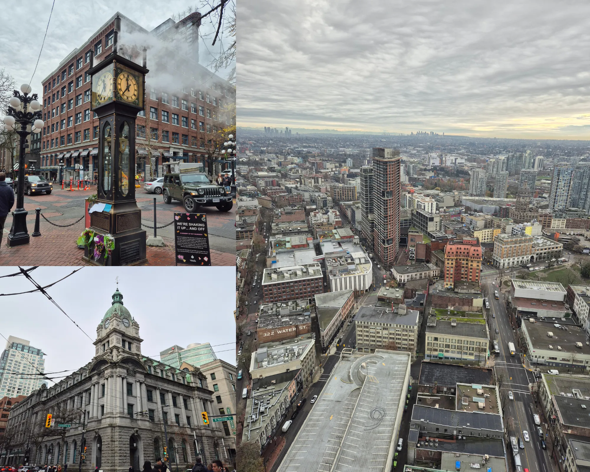 3 picture collage: View from the Vancouver Lokout of the Gastown neighbourhood, Gastown Steam Clock, the Sinclair Centre.
