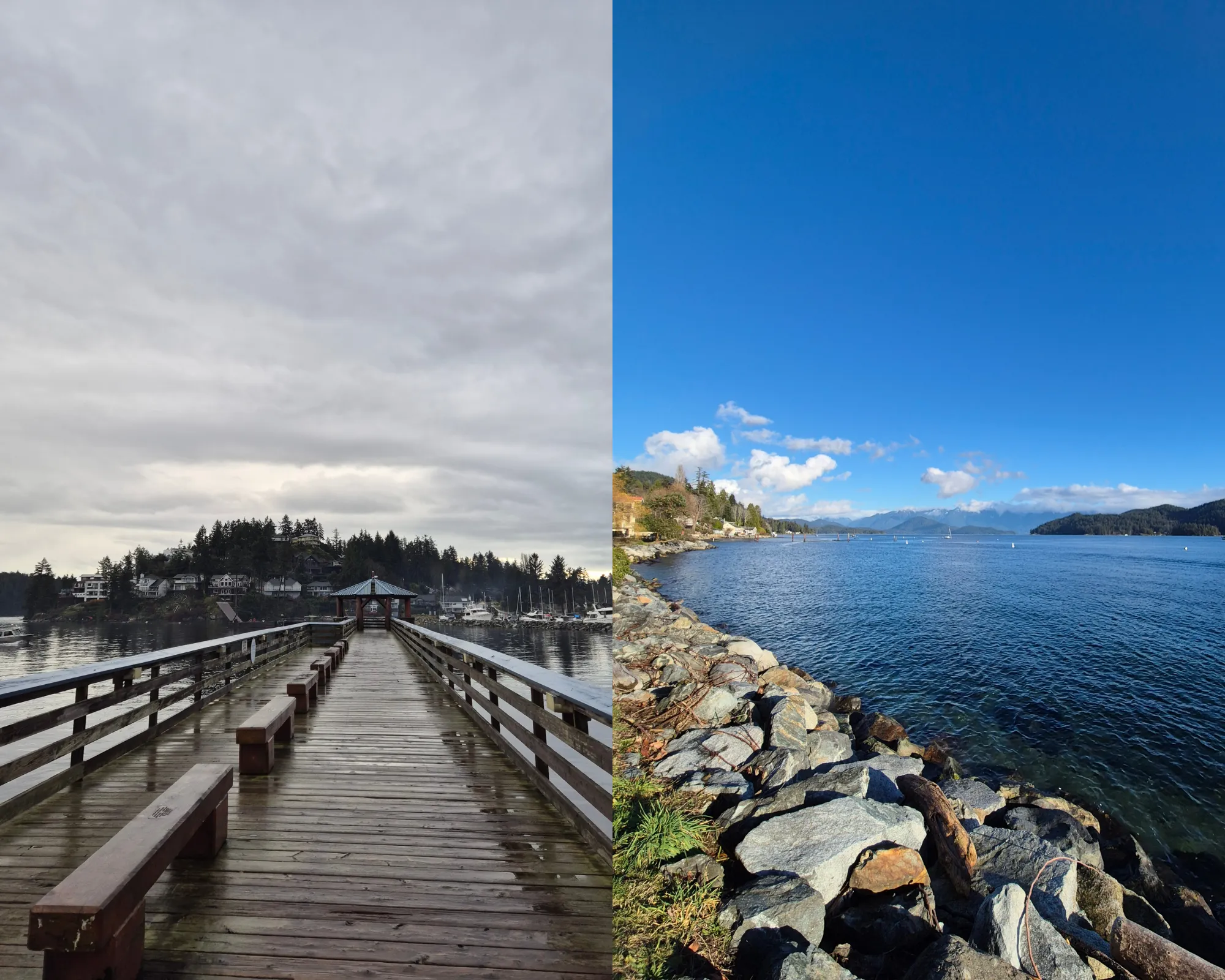 2 picture collage: the pier in Gibsons with the marina and trees in the background, view from the coast of Gibsons on a sunny day with the sea and the mountains and islands.