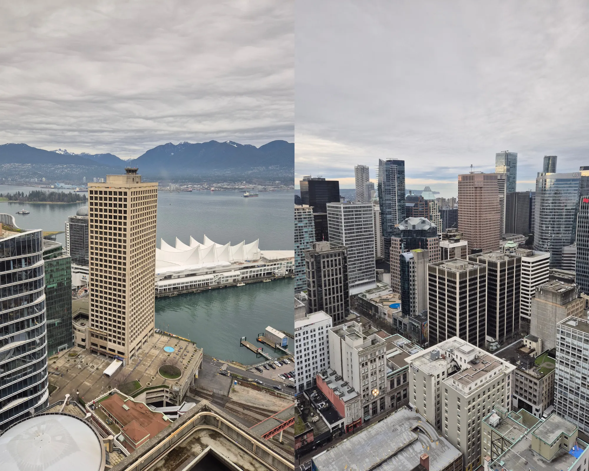 2 picture collage: View from the Vancouver Lookout of Canada Place with the port and mountains as backdrop, View from the Vancouver Lokkput of the tall building in downtown Vancouver.