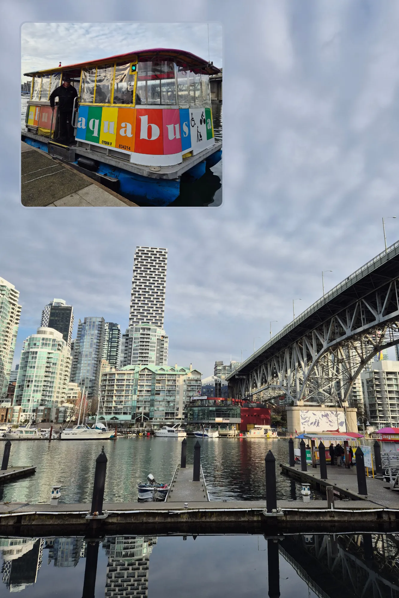2 picture collage: View from the Granvill Island Public Maket outdoor tables of the Vancouver skyline, picture of the multicoloured Aquabus.