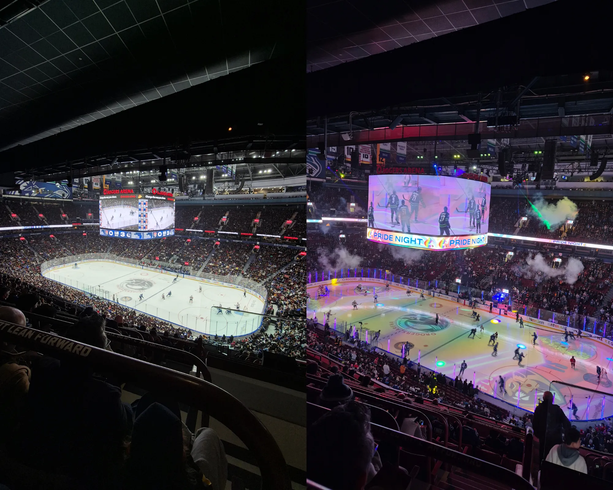 2 picture collage: picture inside the Rogers arena during a hockey game between the Vancouver Canucks and the Florida Panthers, picture inside the Rogers arena during a hockey game between the Vancouver Canucks and the Florida Panthers during a Pride Night moment.